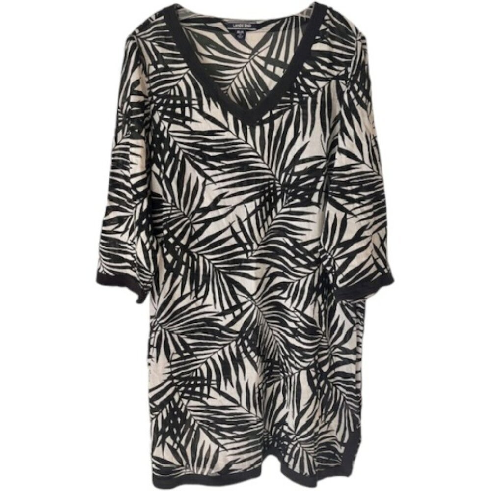 Lands' End 100% Cotton Gauze Palm Print Swim Cover Up w/Trim - Black/Cream - 18